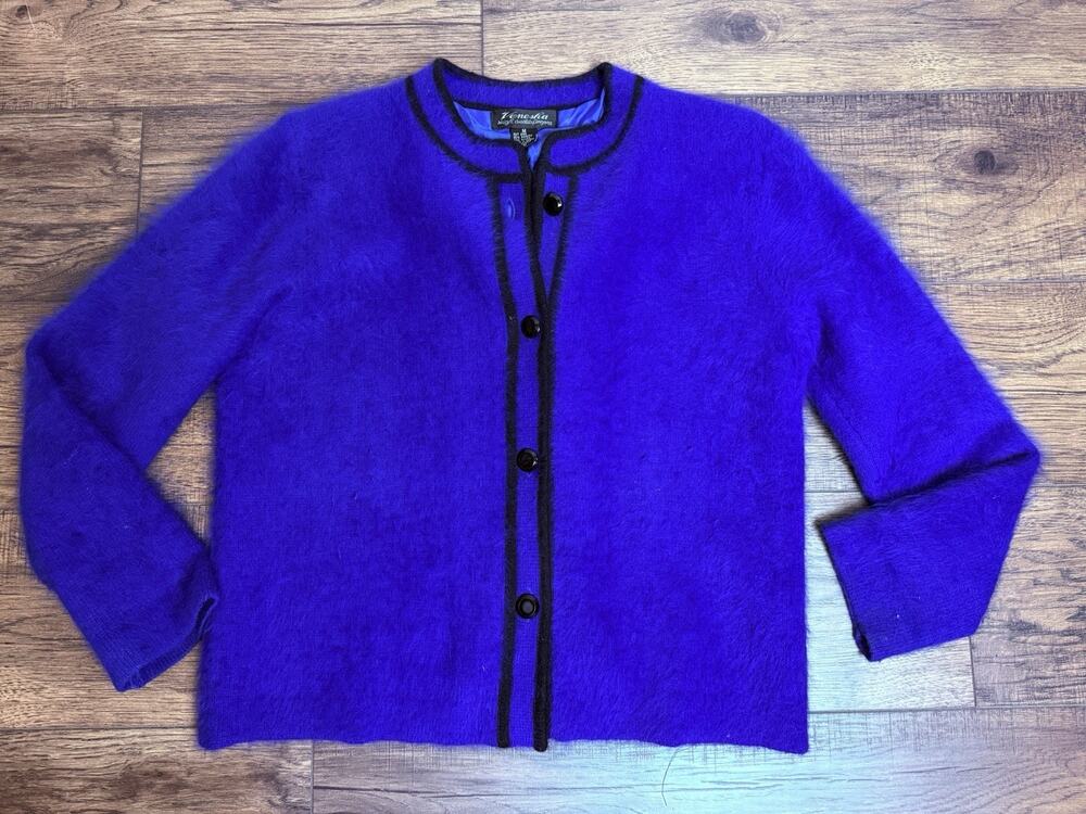 Vintage Venesha Angora Born Fuzzy Cardigan Sweater Jacket Blue Black Sz M